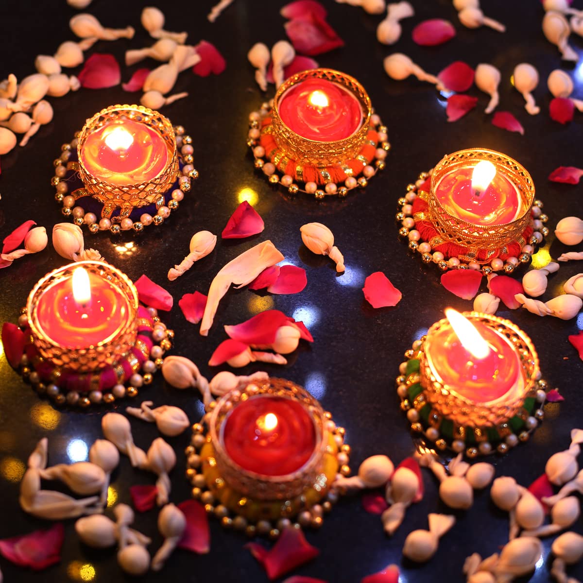 Set of 6 Metal Diyas Decorated with Bangle and Beads for Diwali