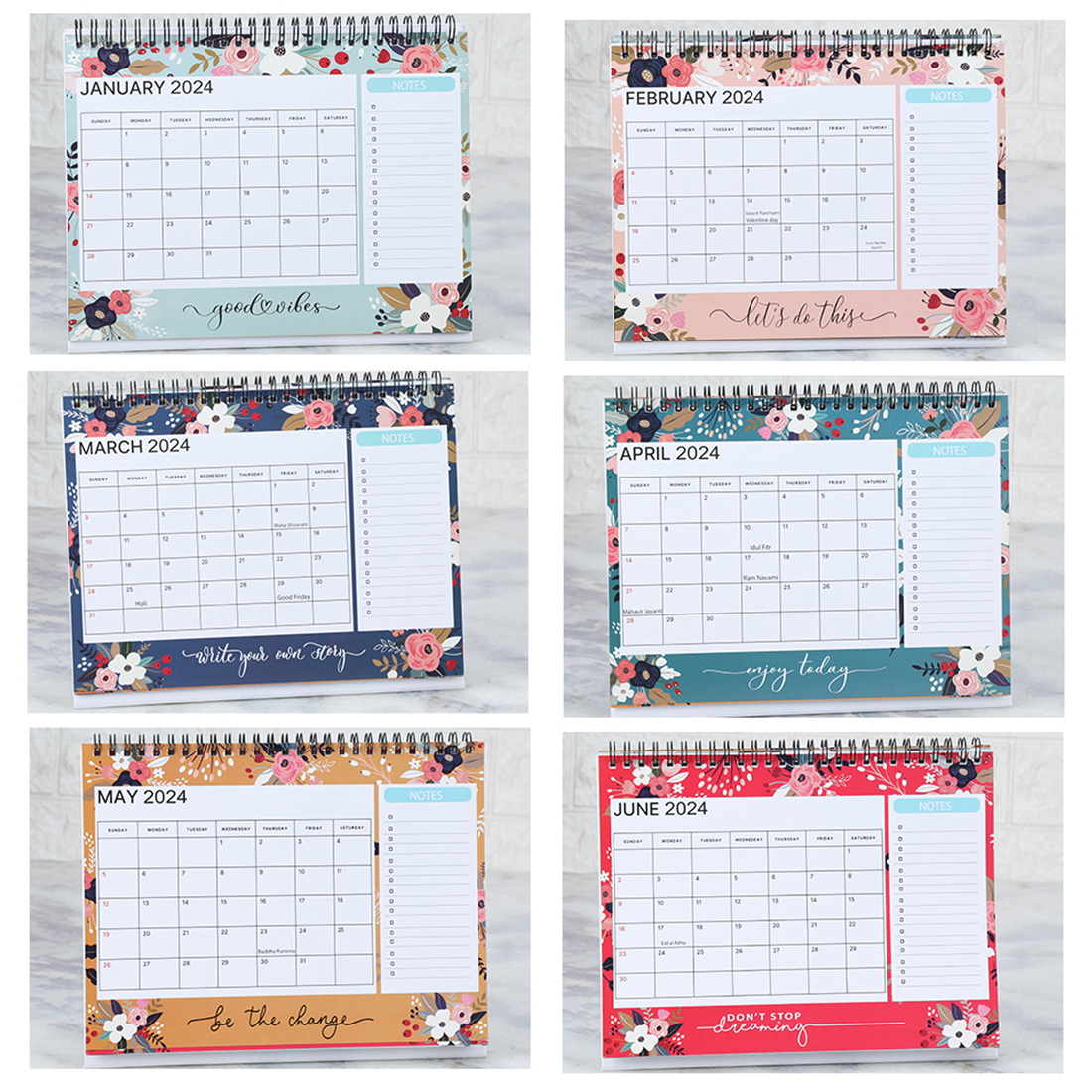 Kaameri Bazaar l 2024 l Floral Desk Calendar l With inspirational quotes l 12 Months l Includes note