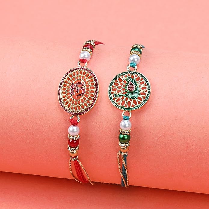 Raksha bandhan Set of 2 Rakhi with Roli Chawal l raksha bandhan rakhi for brother - OM and Peacock